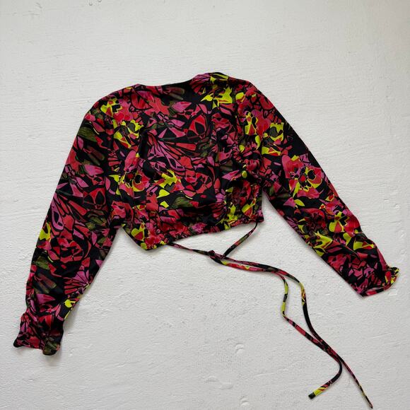 Open Edit Satin Floral Wrap Style Crop Top XS Long Sleeve Back Tie Elastic Waist - Picture 6 of 6